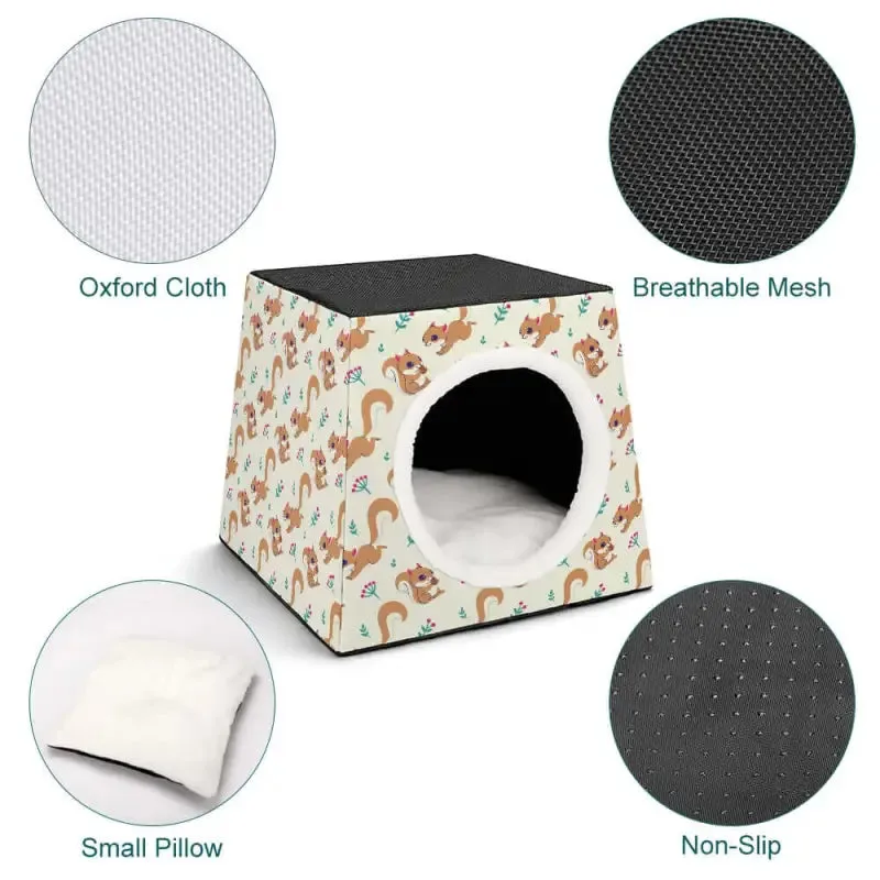 Cozy Squirrel Pattern Cat House with Circular Entrance