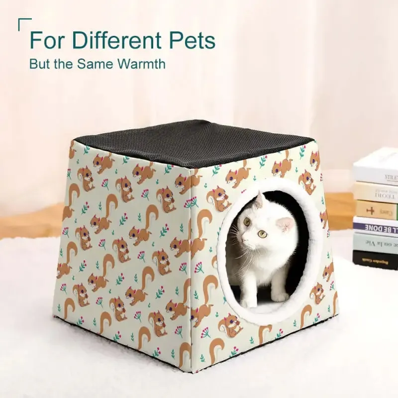 Cozy Squirrel Pattern Cat House with Circular Entrance