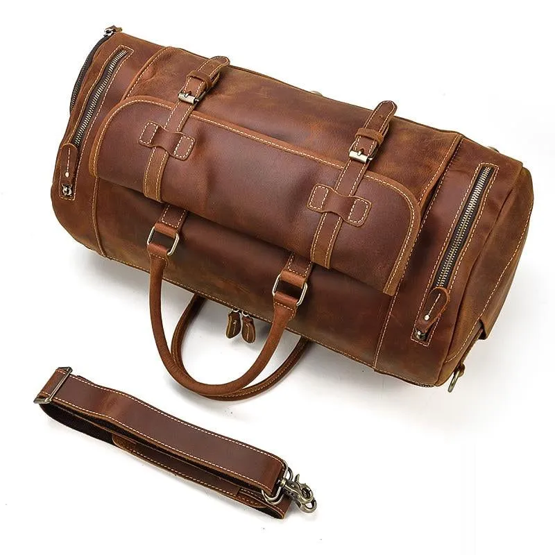 Crazy Horse Men's Vintage Distressed Leather Medium Barrel Duffel Bag