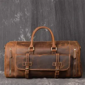 Crazy Horse Men's Vintage Distressed Leather Medium Barrel Duffel Bag