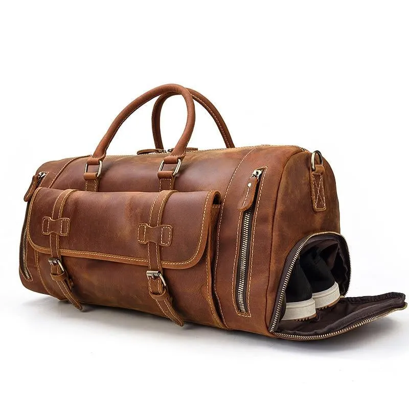 Crazy Horse Men's Vintage Distressed Leather Medium Barrel Duffel Bag