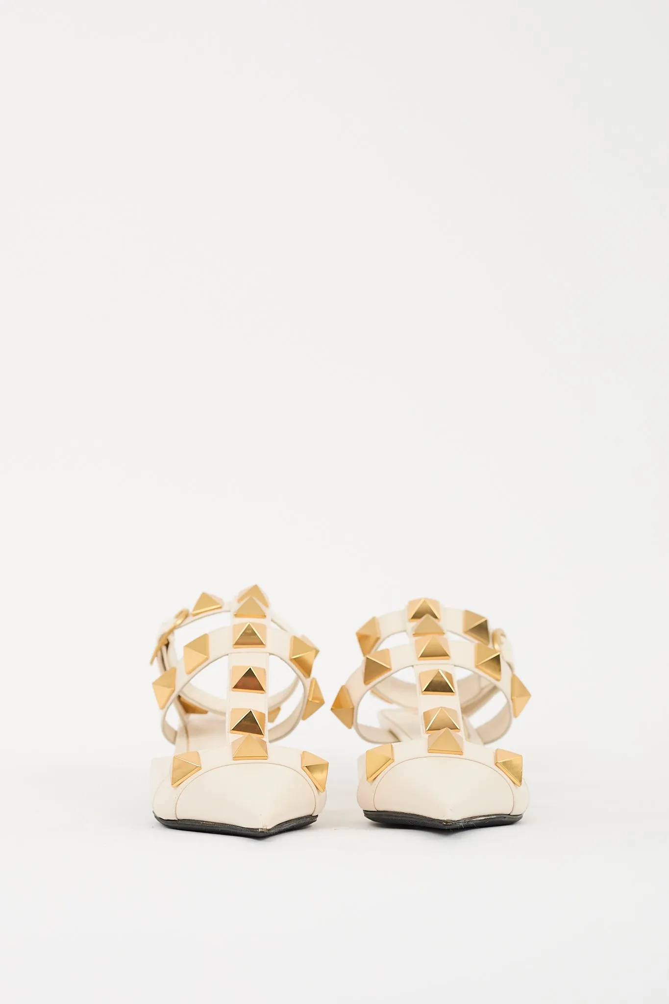 Cream & Gold Leather Roman Stud Low Heel