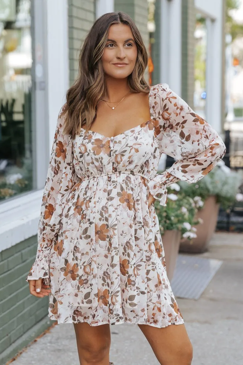 Cream Floral Print Mini Dress