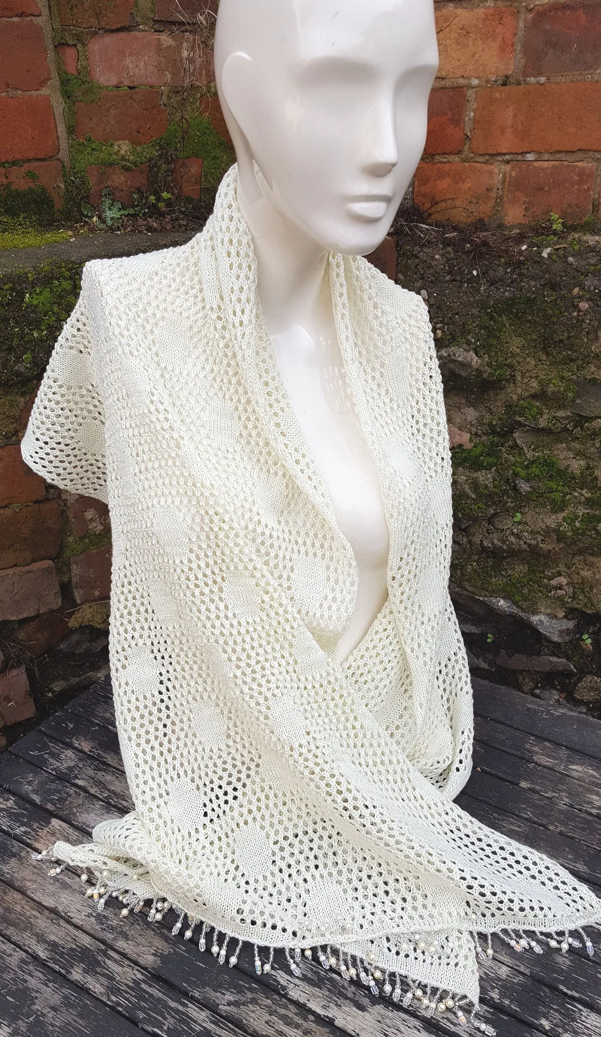 Cream, Lace knit Pashmina, wedding or prom shawl with beaded fringe.