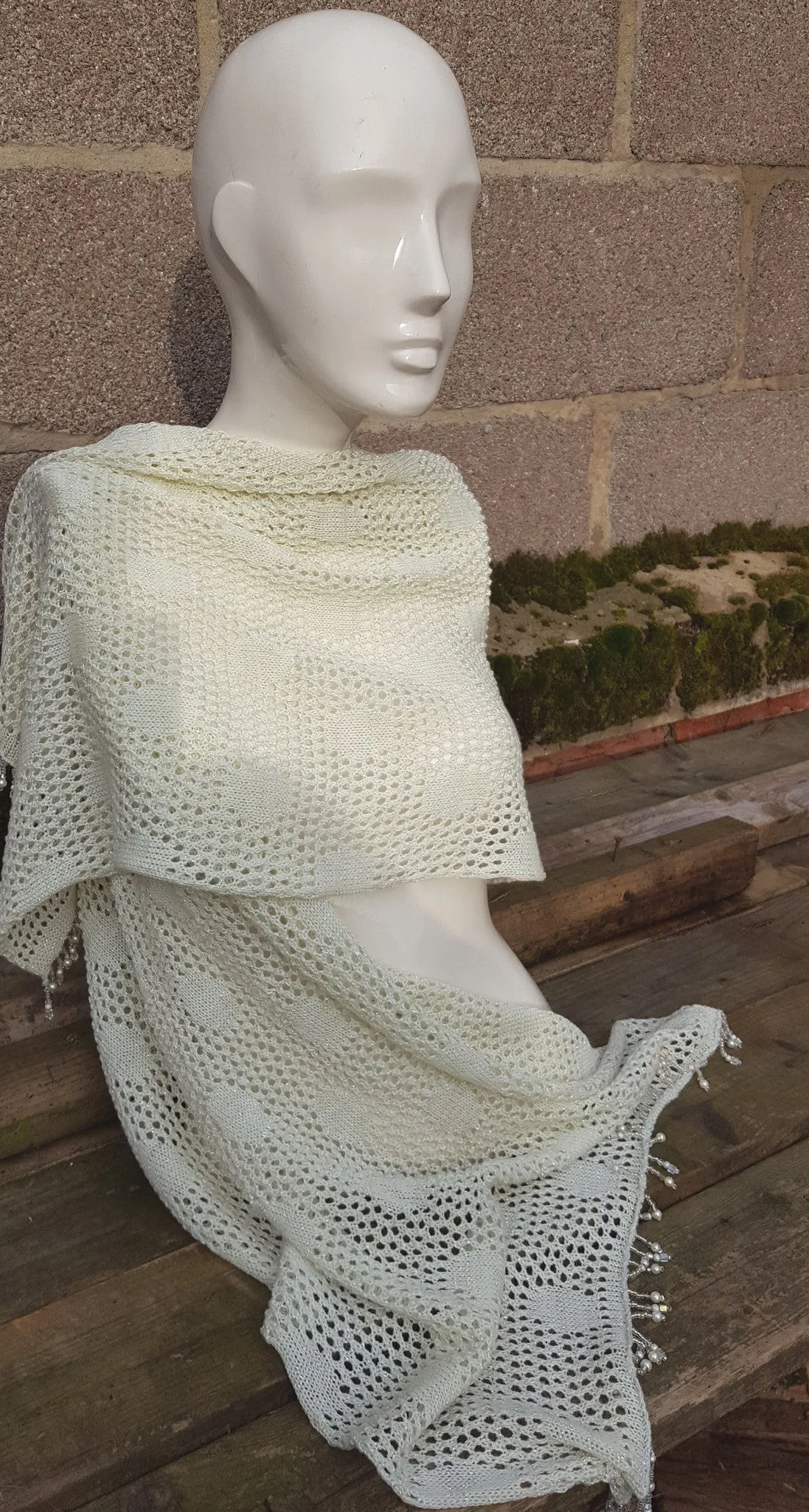 Cream, Lace knit Pashmina, wedding or prom shawl with beaded fringe.