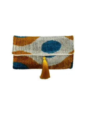 Cream with Orange and Blue Velvet Clutch with Removable Chain