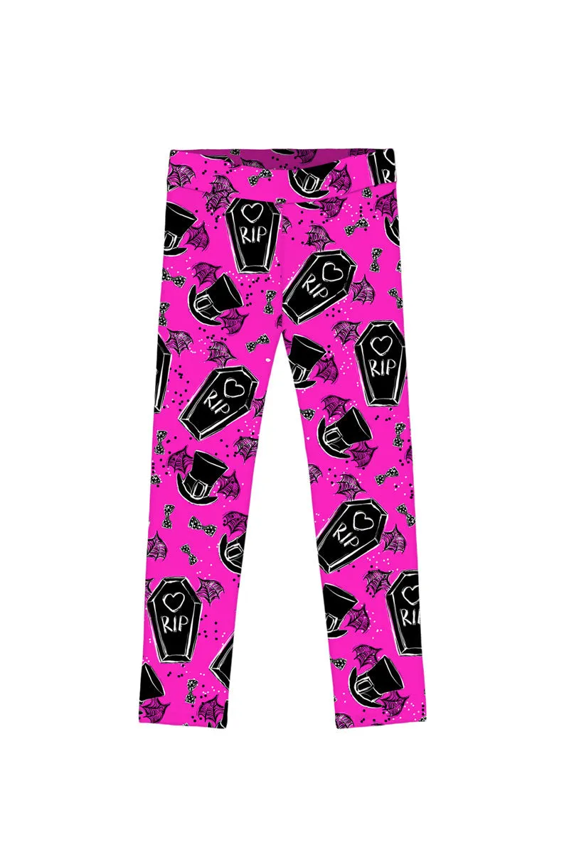 Creepin' it Real Lucy Pink Goth RIP Printed Halloween Leggings - Girls