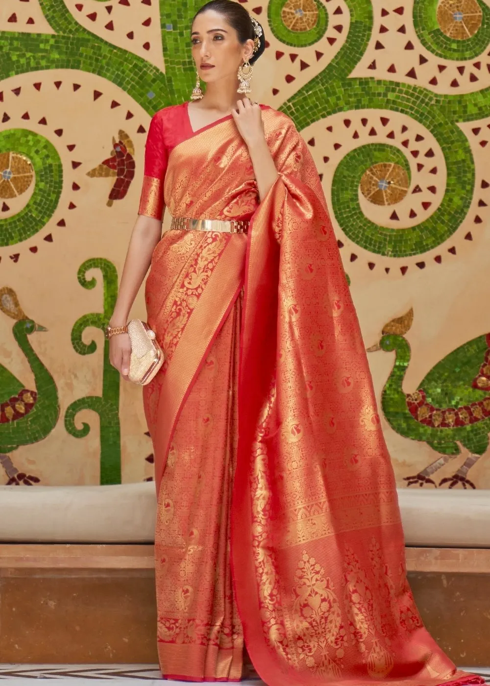 Crimson Red Zari Woven Kanjivaram Silk Saree