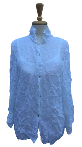 Crinkle 17 Long-sleeve, button-up crinkle top in white. Sheer.  Made in France.