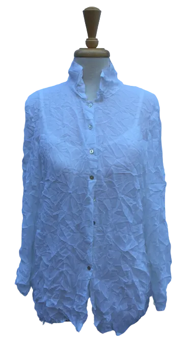 Crinkle 17 Long-sleeve, button-up crinkle top in white. Sheer.  Made in France.