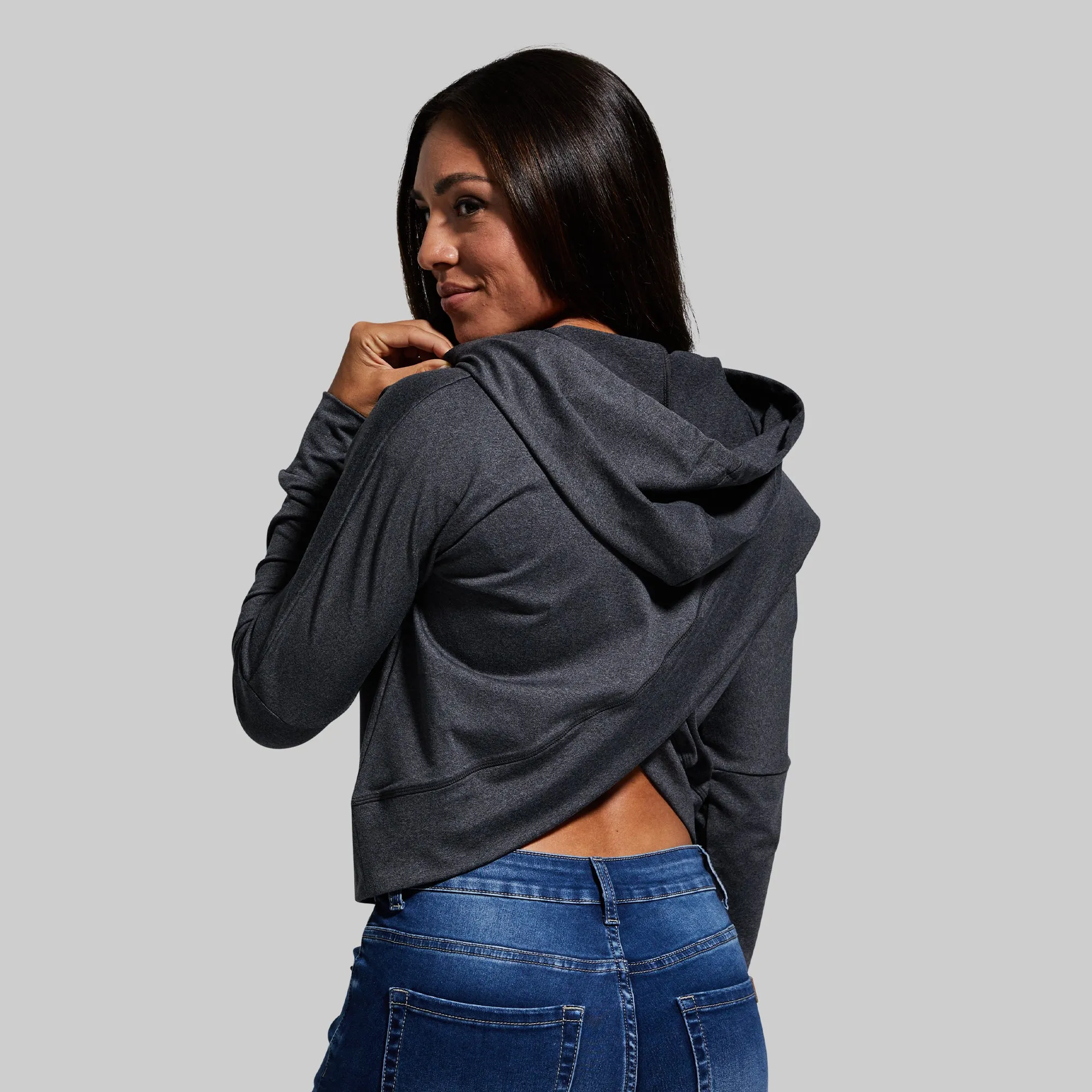 Criss Cross Crop Hoodie (Dark Heather Grey)