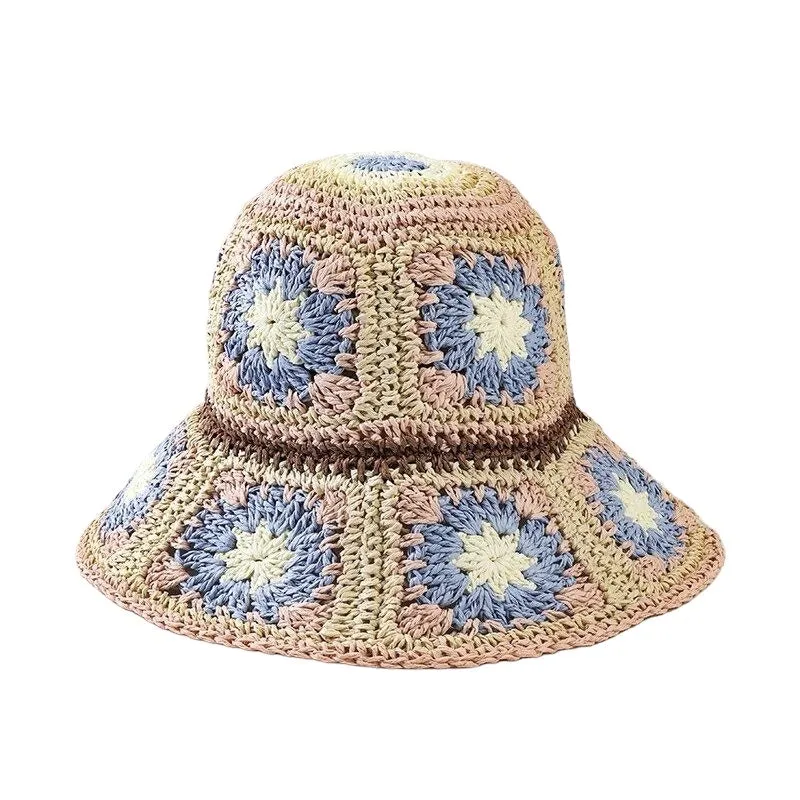 Crochet Bucket Hat Flower Beige Blue