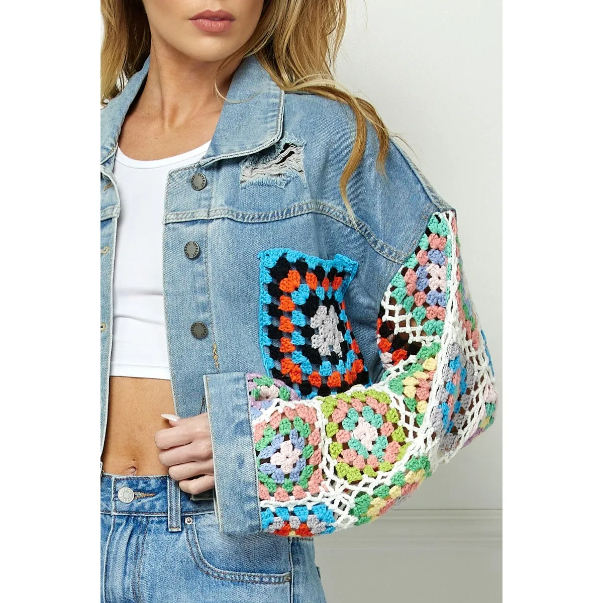 Crochet Contrast Denim Jacket