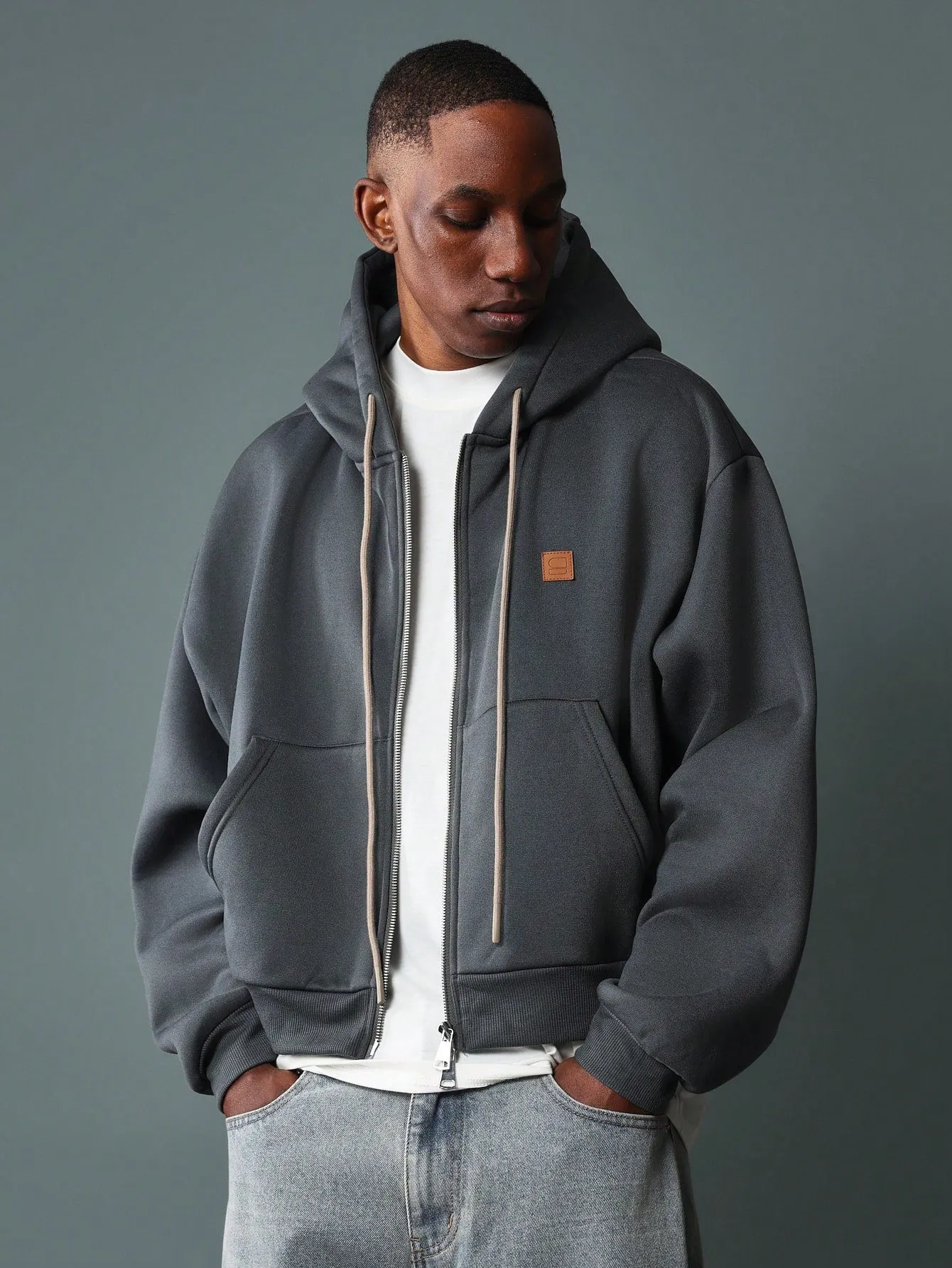 Crop Fit Zip-Up Hoodies With Badge & Drawcords