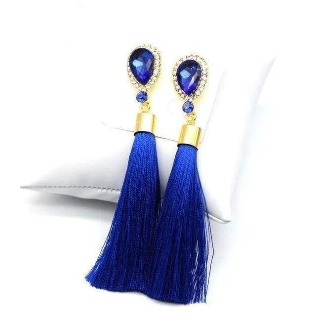 Crystal Water Drop Tassel Long Earrings