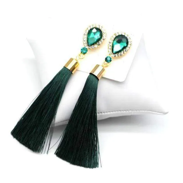 Crystal Water Drop Tassel Long Earrings