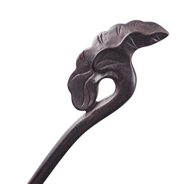 CrystalMood Handmade Carved Wood Hair Stick Lotus Leaf Ebony