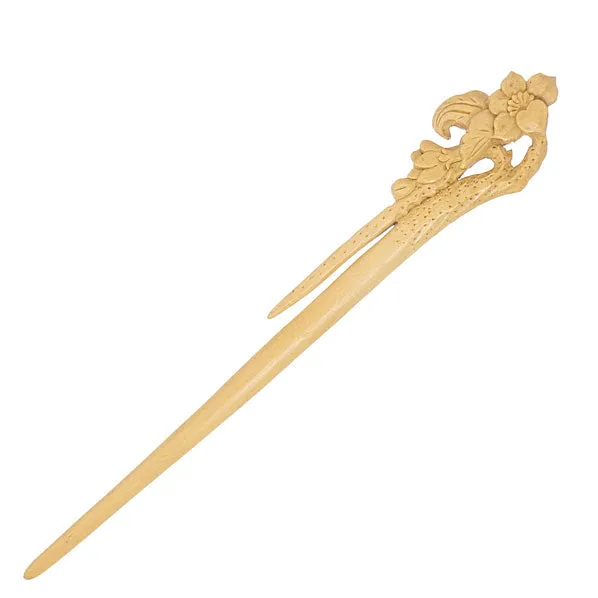 CrystalMood Handmade Carved Wood Hair Stick Narcissus 6.25" Boxwood