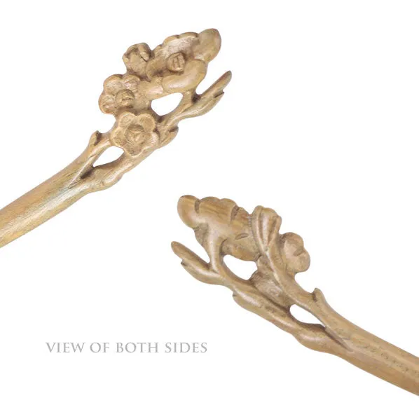 CrystalMood Handmade Carved Wood Hair Stick Plum Flowers