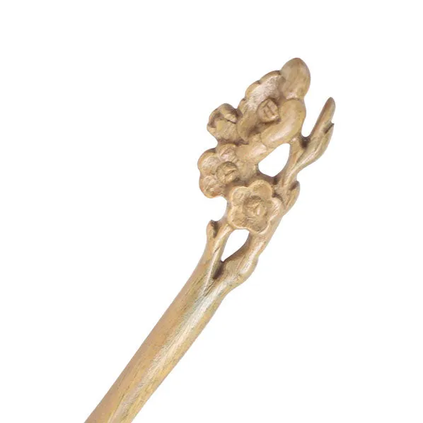 CrystalMood Handmade Carved Wood Hair Stick Plum Flowers