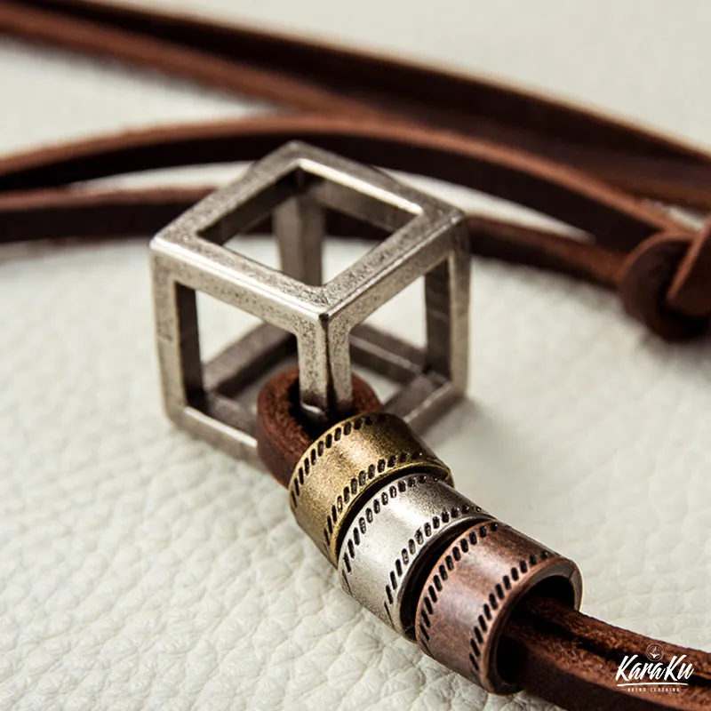 Cube Pendant With Genuine Leather Necklace