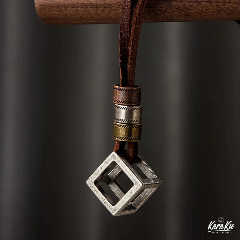 Cube Pendant With Genuine Leather Necklace