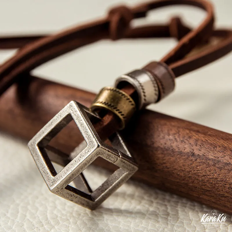 Cube Pendant With Genuine Leather Necklace