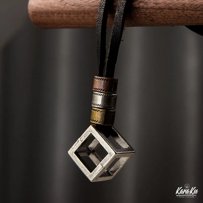 Cube Pendant With Genuine Leather Necklace