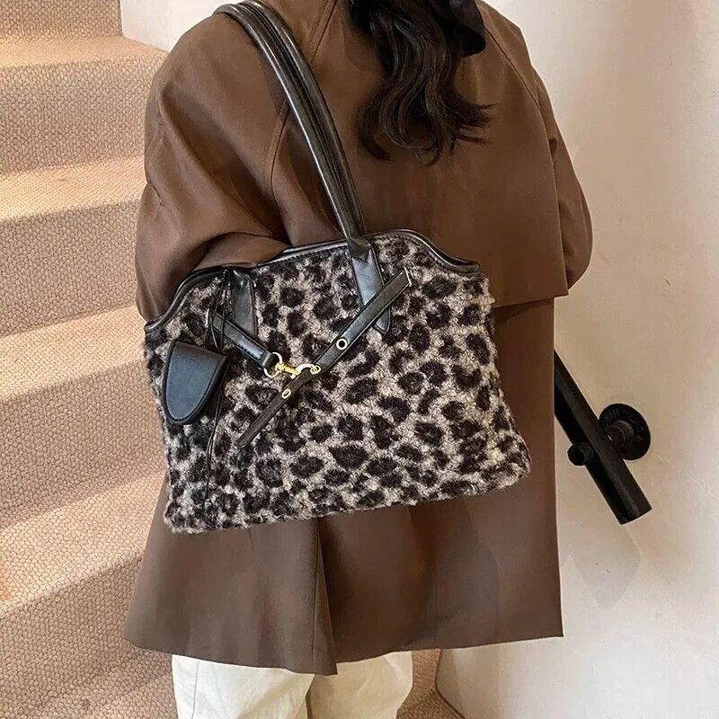 Curly Fur Fabric Leopard Tote Large Women Zipper Double Handles Shoulder Bags