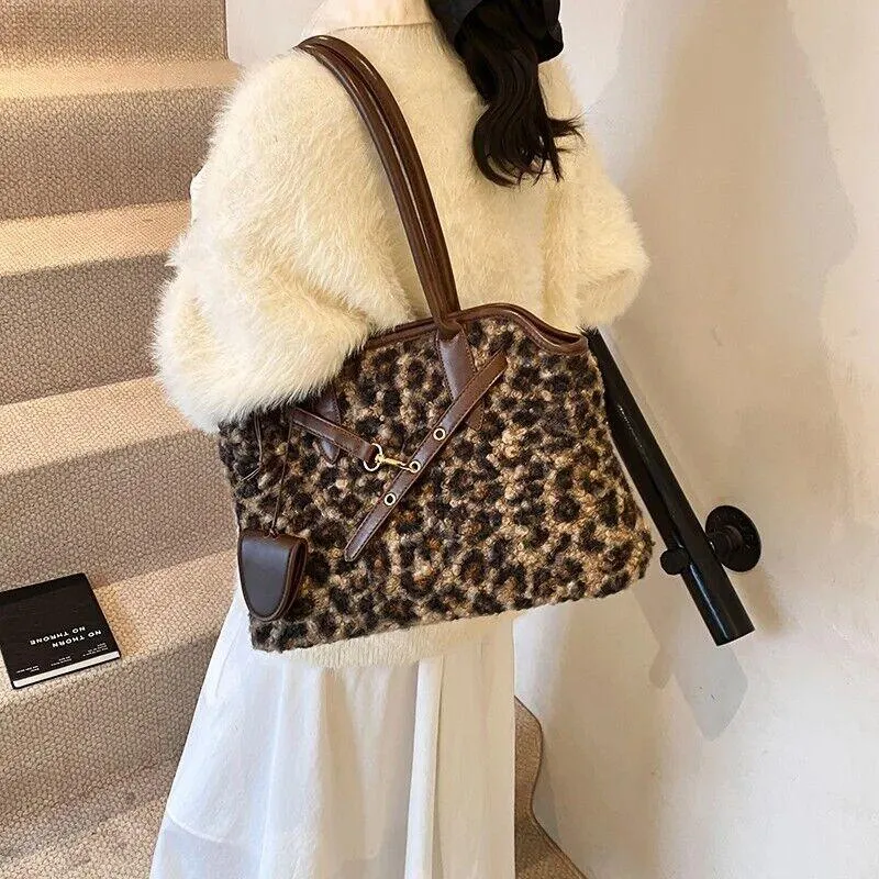 Curly Fur Fabric Leopard Tote Large Women Zipper Double Handles Shoulder Bags