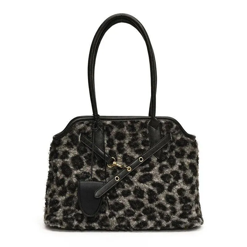 Curly Fur Fabric Leopard Tote Large Women Zipper Double Handles Shoulder Bags