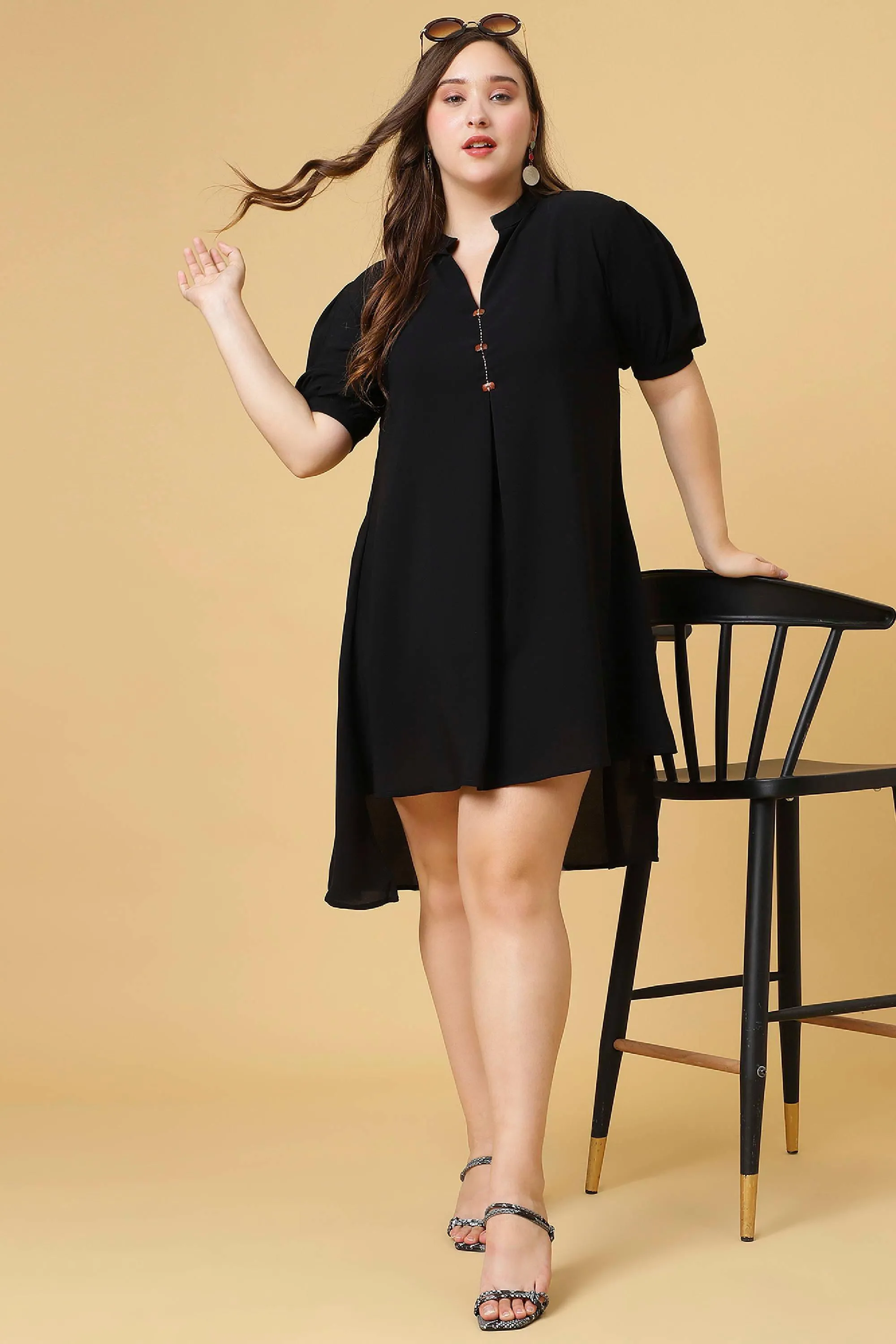 Curvy Lane Women Plus Size Mandarin Collar High Low V Neck Tunic Top