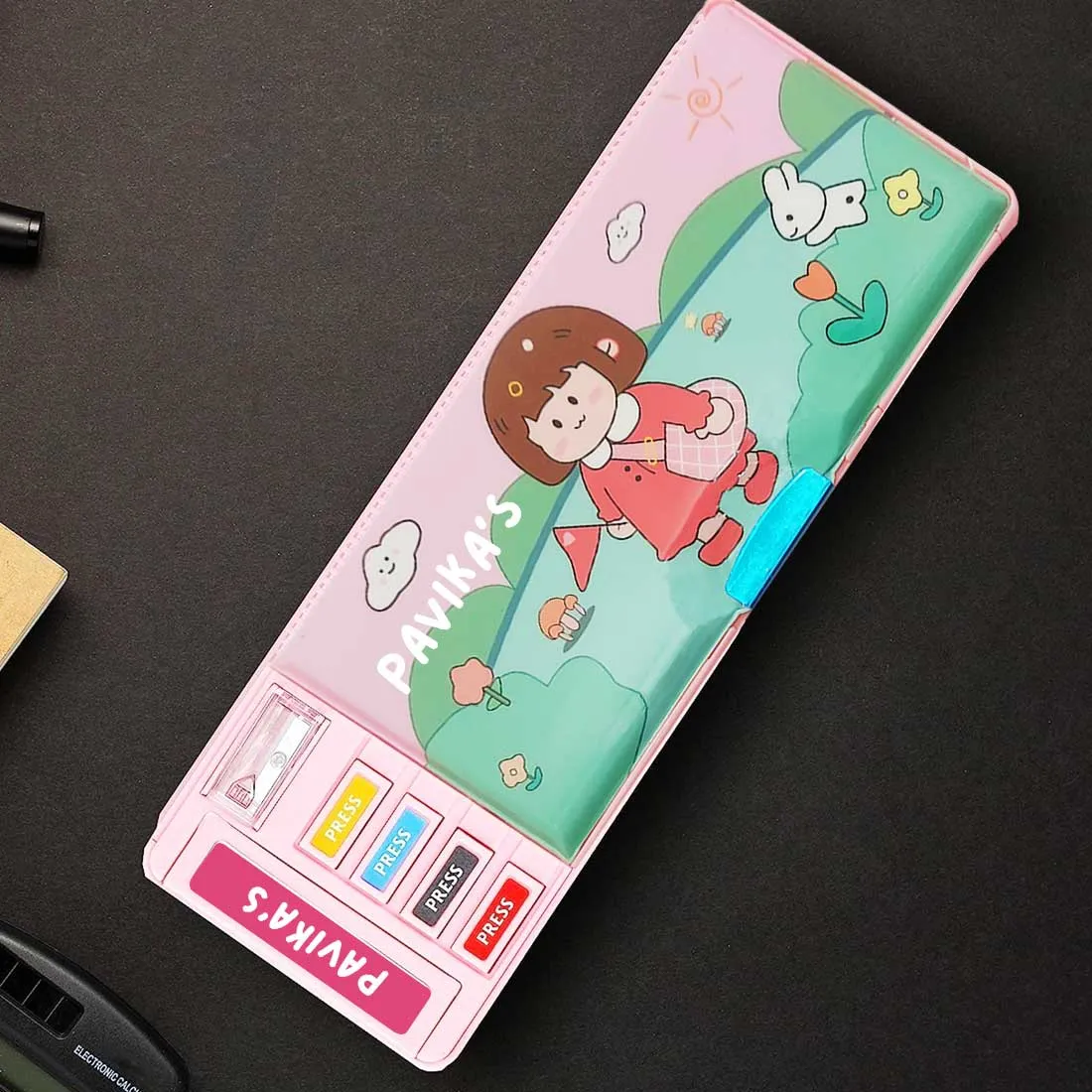 Customized Pencil Box Switch Operated Multi-functional Compass Box for Kids with Press Buttons