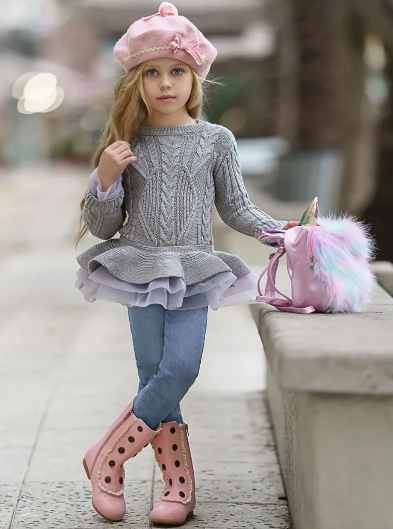 Cute As Pie Ashen Cable Knit Tutu Sweater