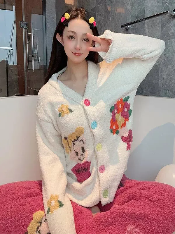 Cute Coral Velvet Pajamas  Women's Fleece Flannel Loungewear Set