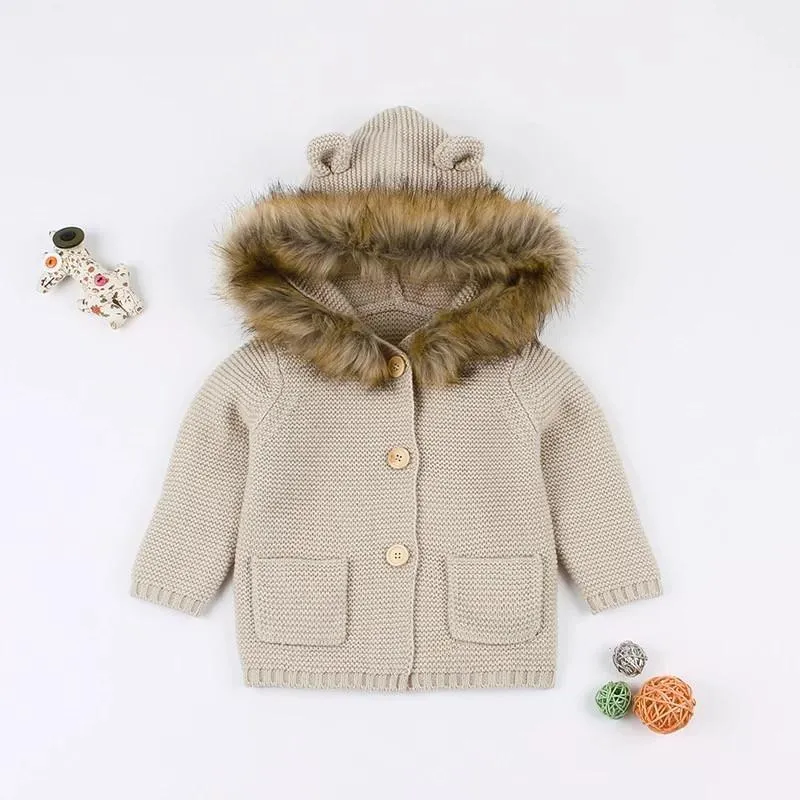 Cute Faux Fur Trimmed Ear Hooded Crochet Coat Winter Outwear