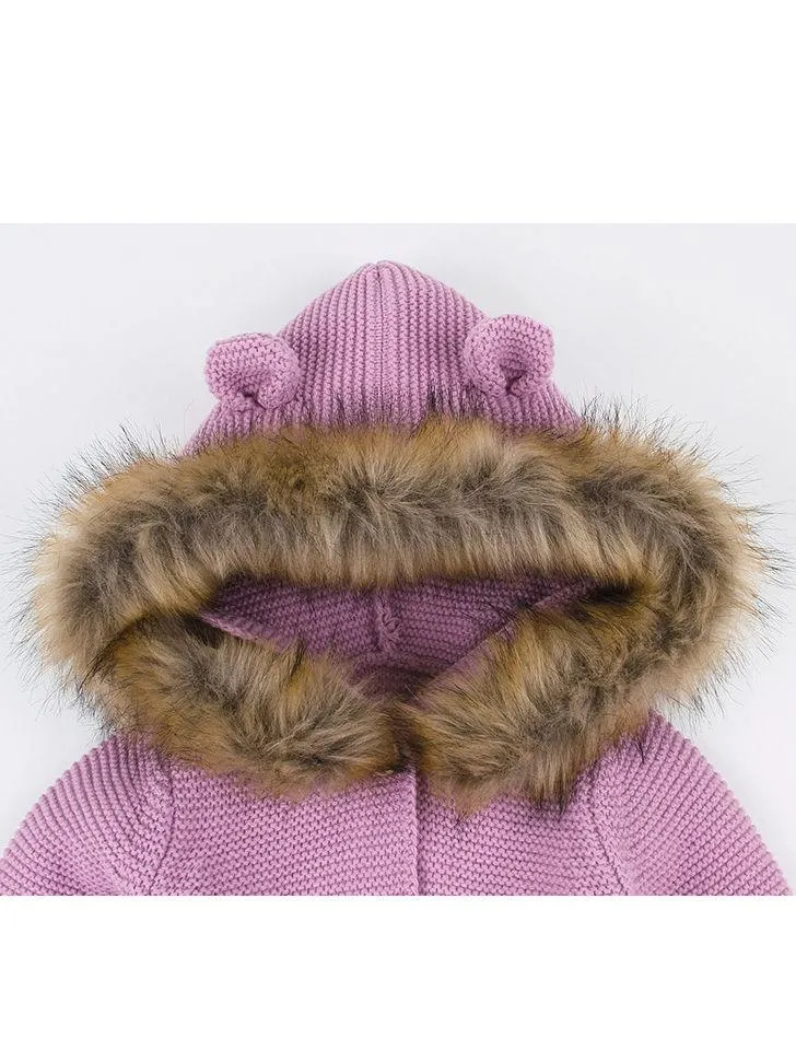 Cute Faux Fur Trimmed Ear Hooded Crochet Coat Winter Outwear