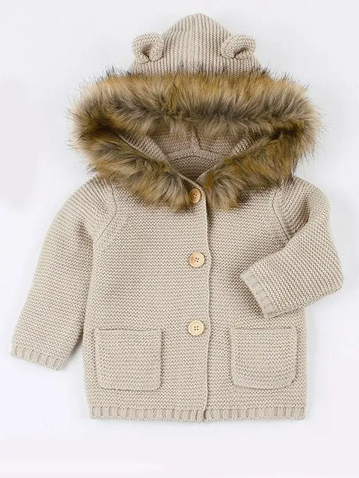 Cute Faux Fur Trimmed Ear Hooded Crochet Coat Winter Outwear