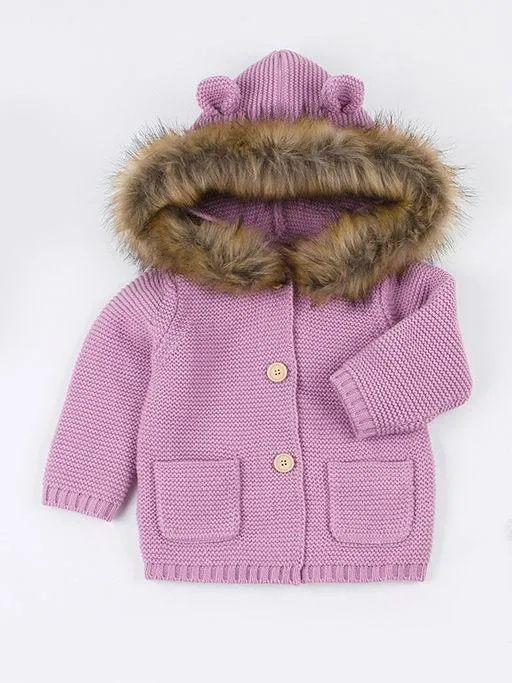 Cute Faux Fur Trimmed Ear Hooded Crochet Coat Winter Outwear