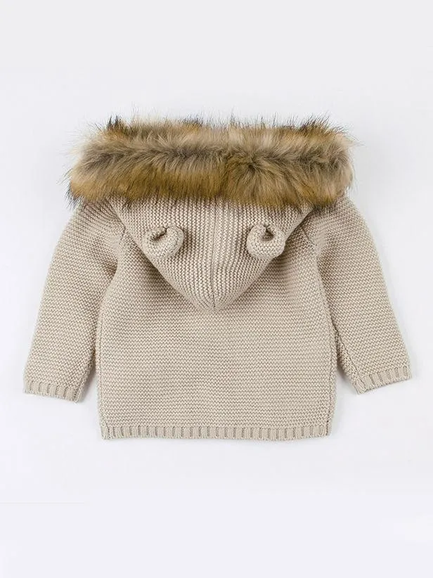 Cute Faux Fur Trimmed Ear Hooded Crochet Coat Winter Outwear