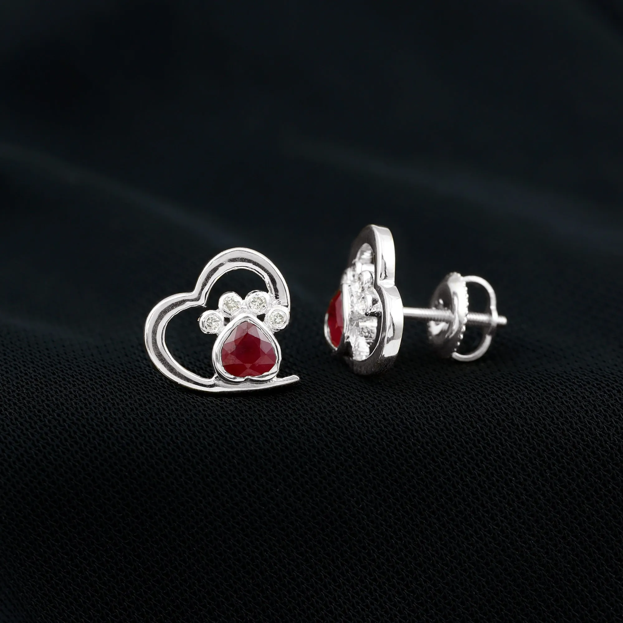 Cute Heart Paw Stud Earrings with Ruby and Diamond