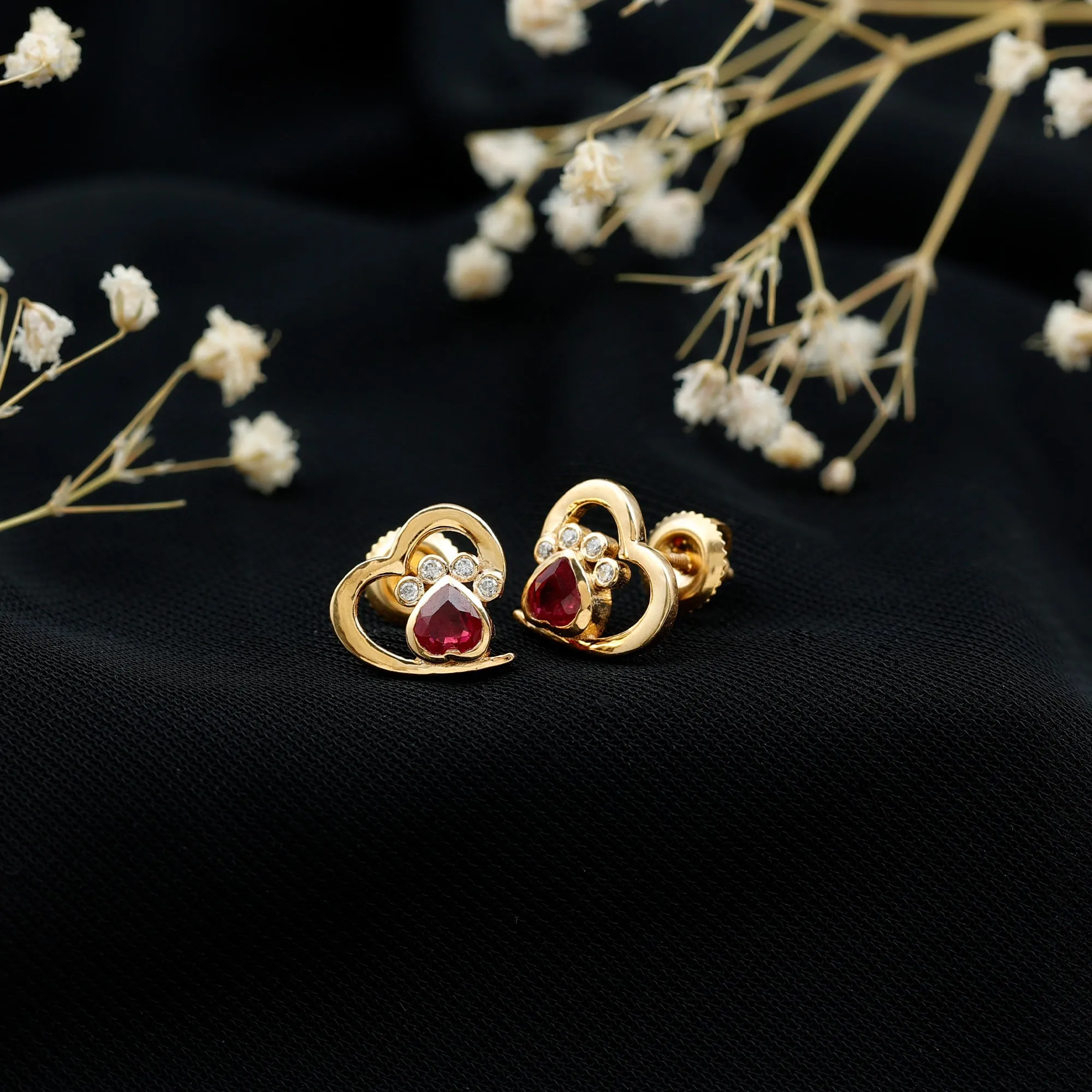 Cute Heart Paw Stud Earrings with Ruby and Diamond