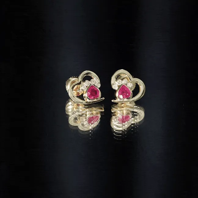 Cute Heart Paw Stud Earrings with Ruby and Diamond