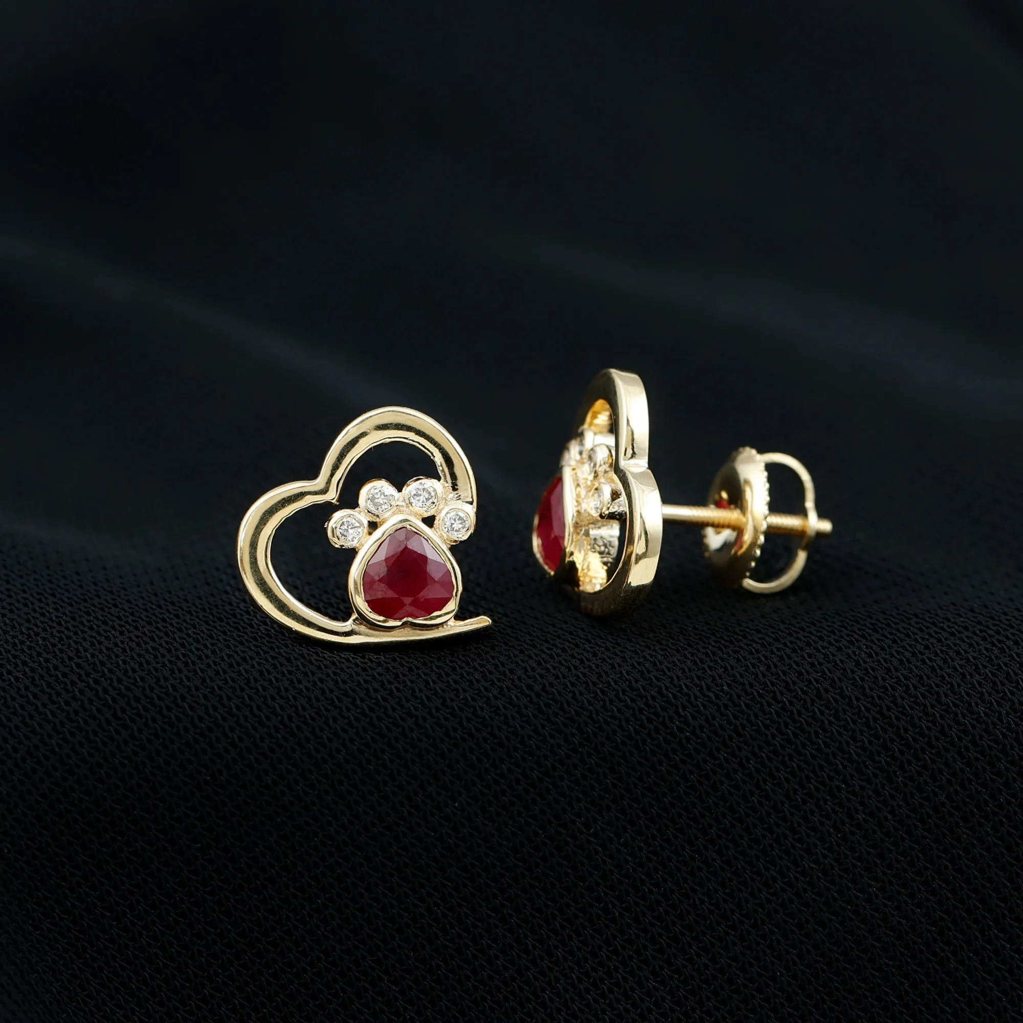 Cute Heart Paw Stud Earrings with Ruby and Diamond