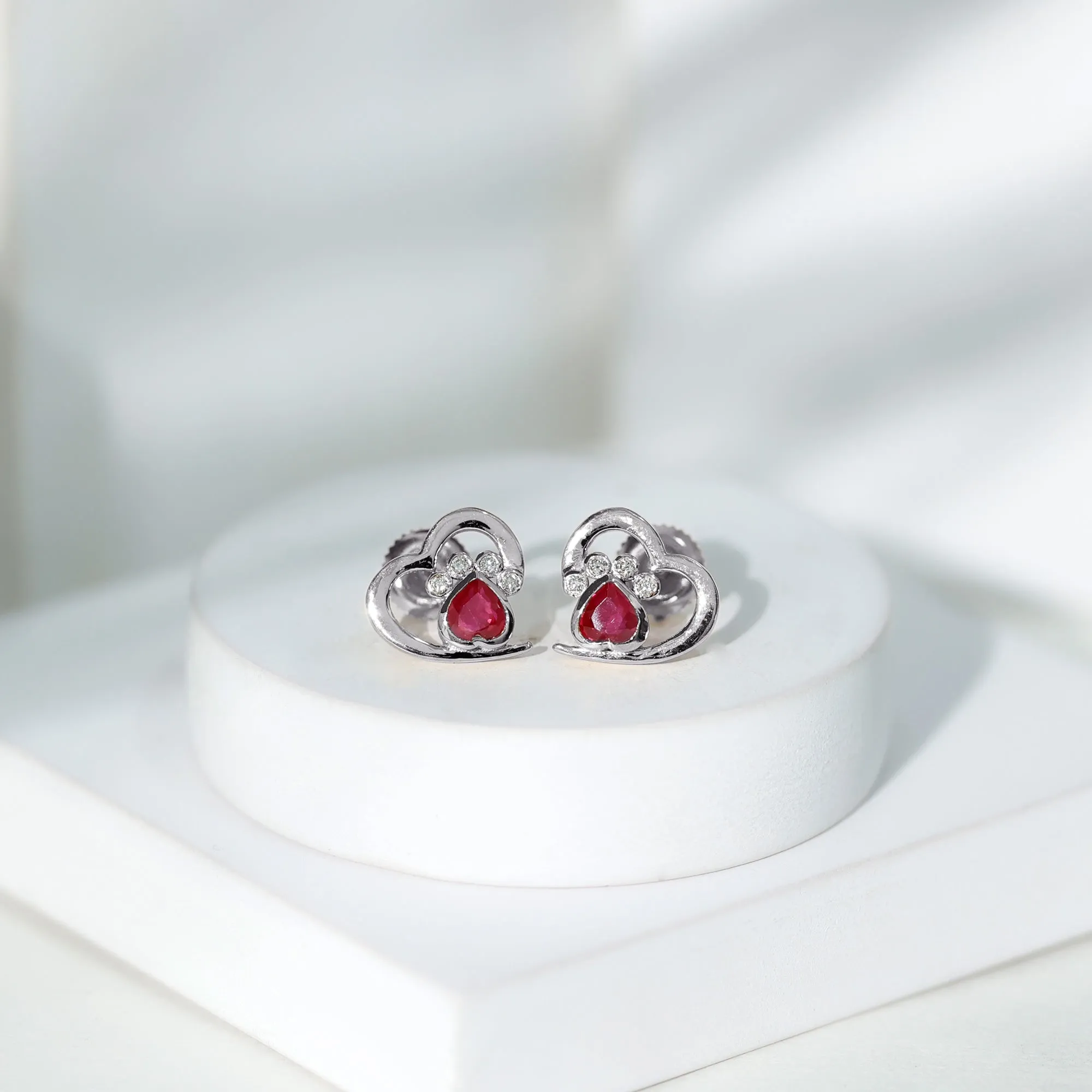 Cute Heart Paw Stud Earrings with Ruby and Diamond