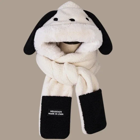 Cute Puppy Cartoon Integrated Hood & Scarf