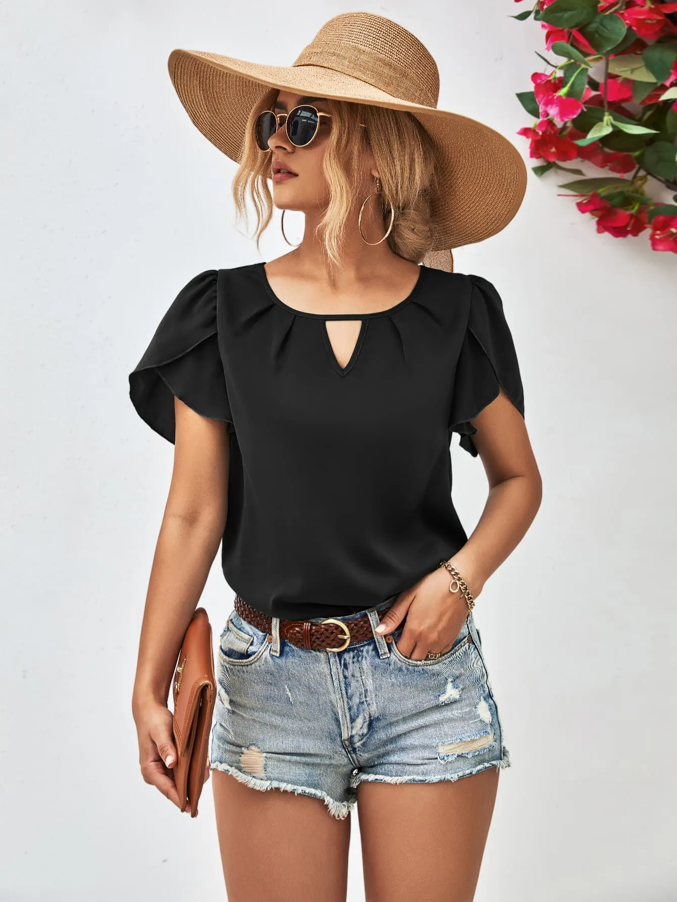 Cutout Round Neck Petal Sleeve Blouse