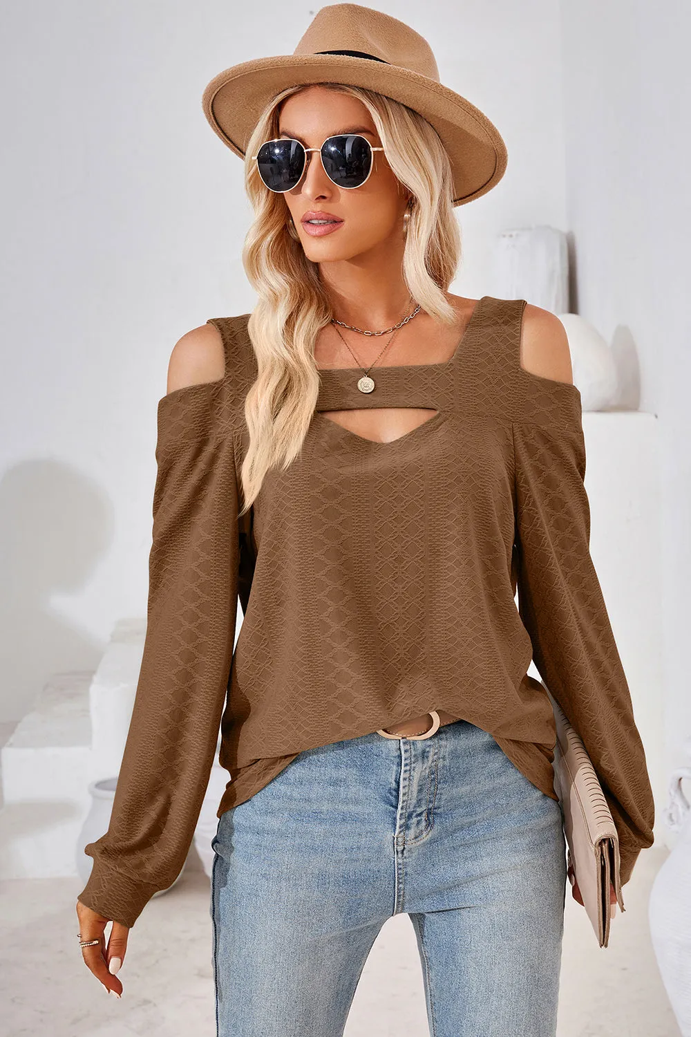 Cutout Square Neck Cold Shoulder T-Shirt