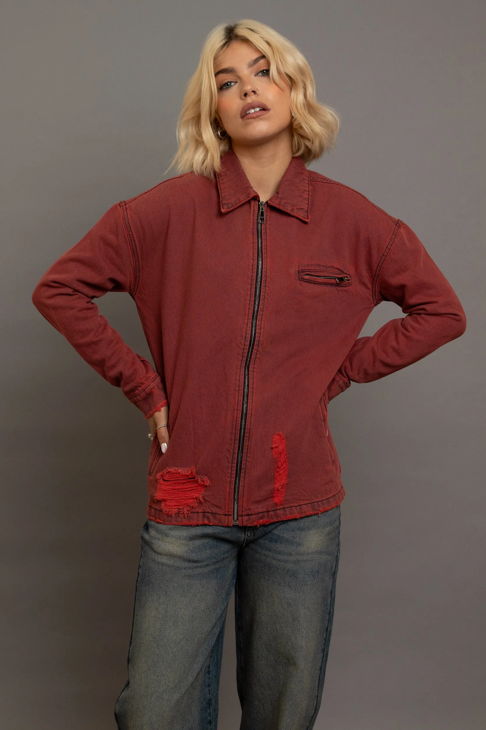 Daisy Street - Red Denim Jacket with Heart Embroidery