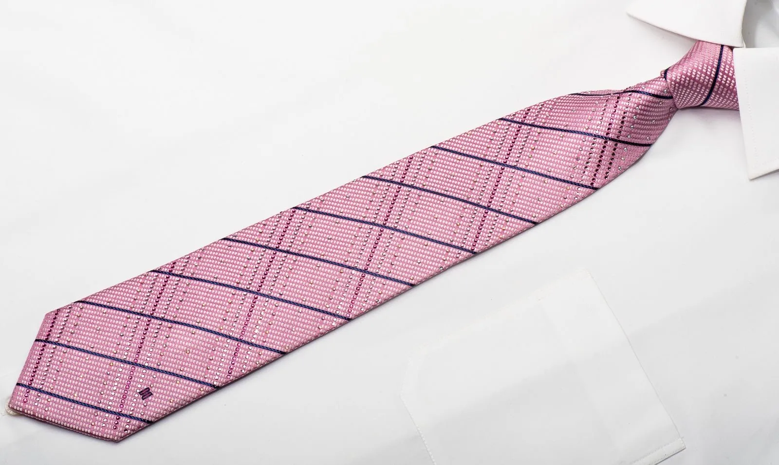 Daks Men's Silk Tie Striped On Pink Sparkling With Crystal Rhinestones